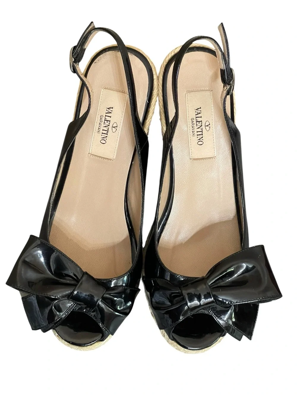 Valentino Garavani Bow Black Patent Leather Wedge Heels Size 37(7)